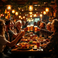 Das Bild zeigt feiernde Menschen in einer Wirtshaus-Runde